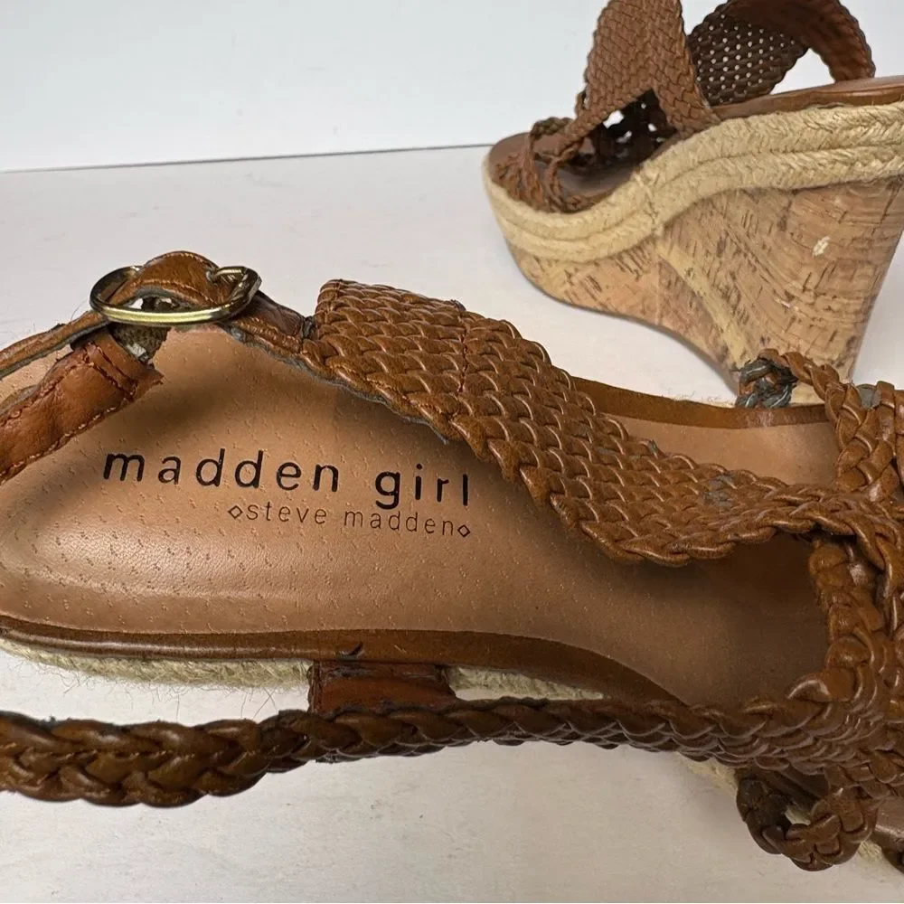 Madden Girl Brown High Wedge Sandals Kahara Braided Straps Size 7.5M